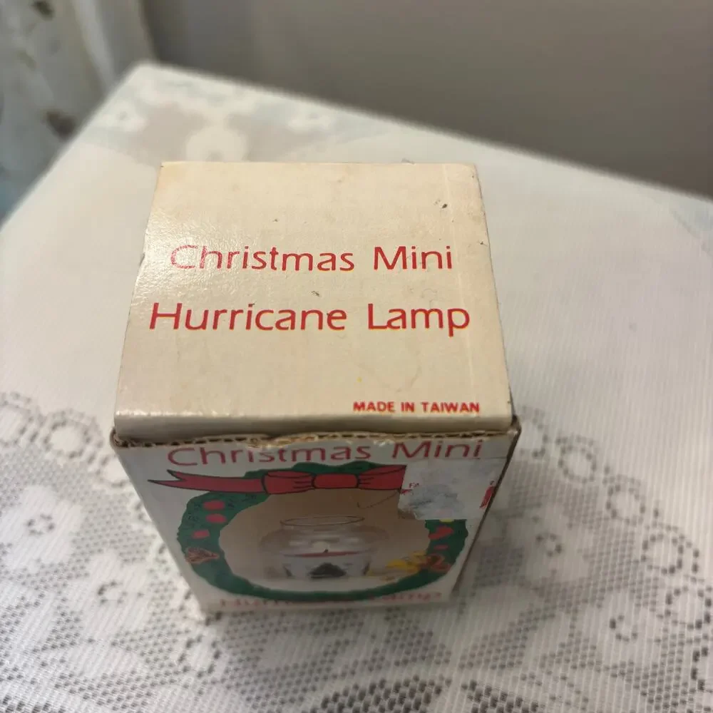 Vintage Christmas Mini Hurricane Lamp Original Box Taiwan Tree Scene Collectible